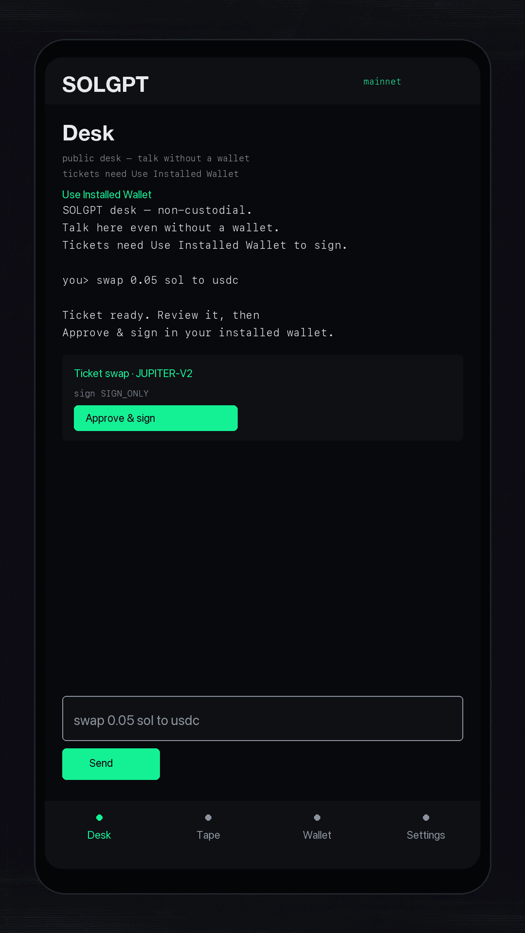 Talk to the desk in the SOLGPT Android dApp