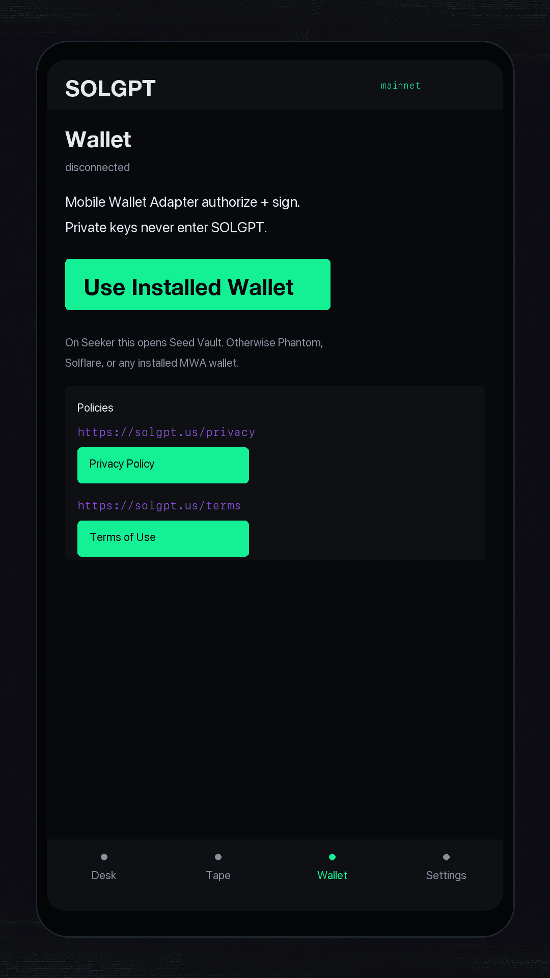Connect your wallet in the SOLGPT Android dApp