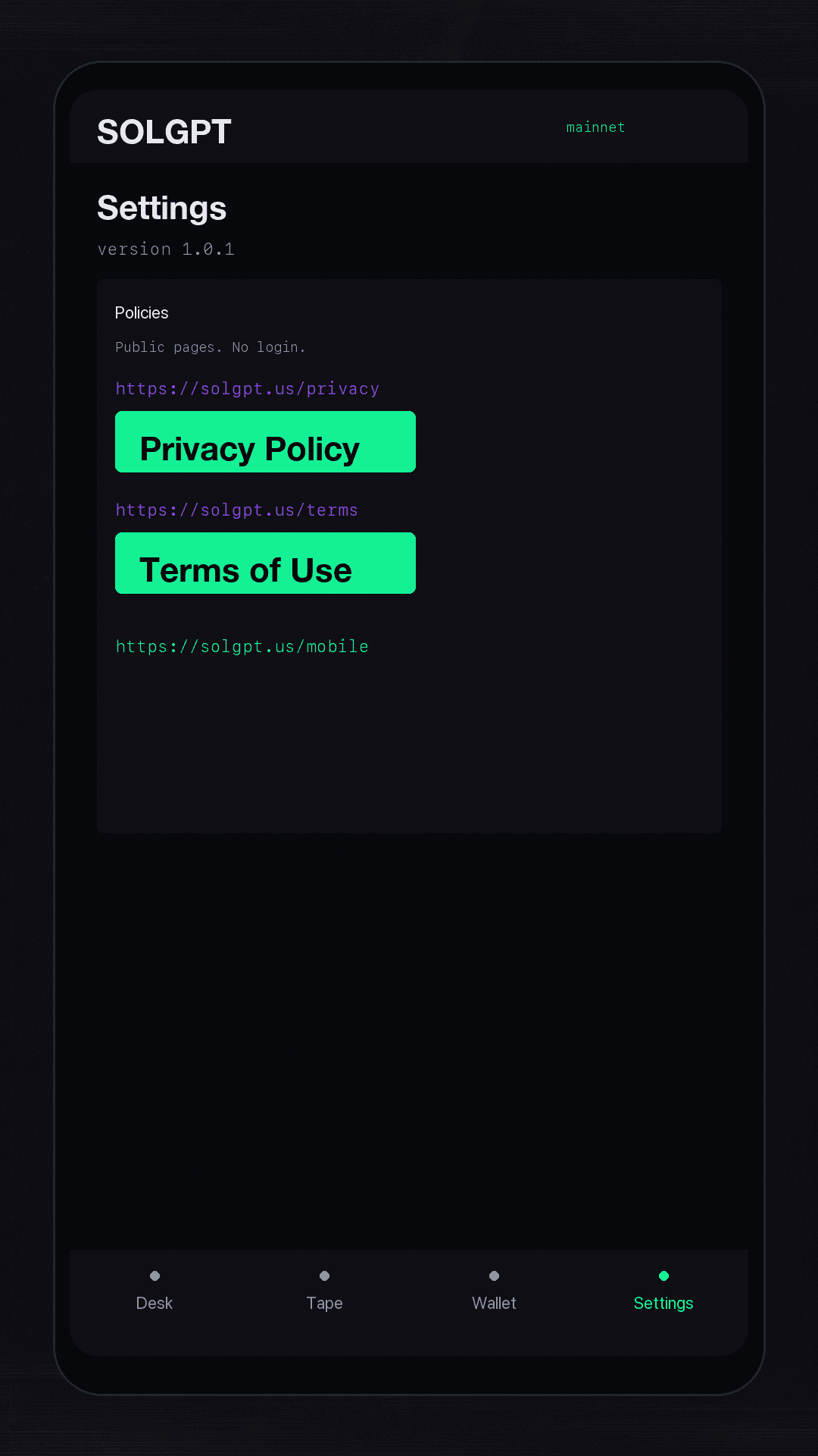 Policies in the SOLGPT Android dApp